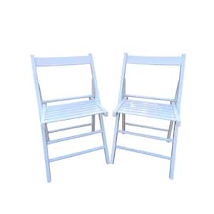 Foldable Wood Outdoor Dining Chair Slatted Seat Folding Chair in White (Set of 2)