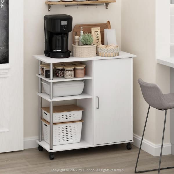 Furinno Helena White Oak/Stainless Steel 4-Tier Utility Kitchen Storage Cart with Wheels and Cabinet