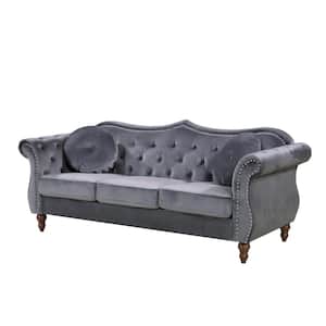 Bellbrook 79.5 in. Grey Velvet 3-Seats Camelback Sofa with Nailheads