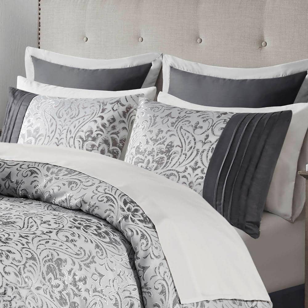 Silver Jacquard Queen Bed in a Bag Set with Microfiber Sheets