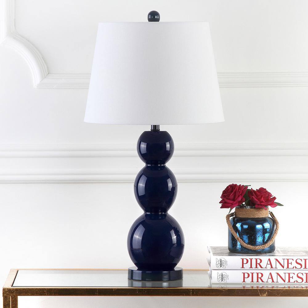 Elegant Navy Glass Table Lamp Set with Graduated Orbs and Off-White Shade
