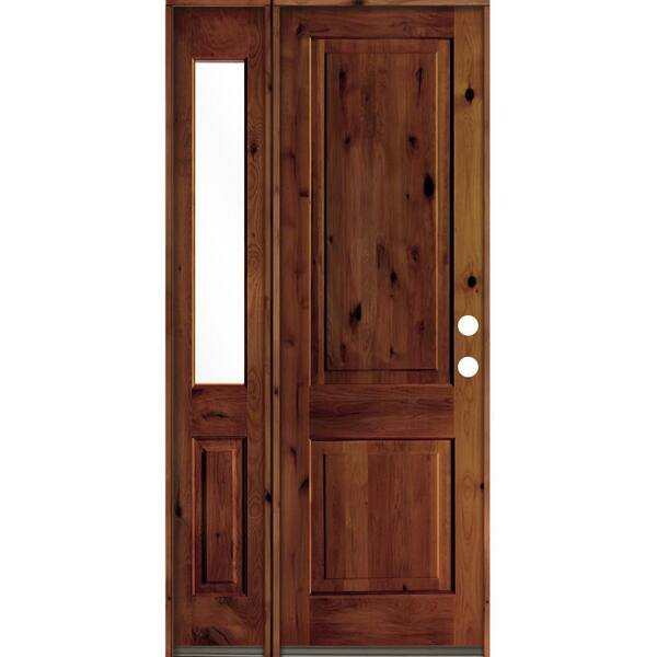 Krosswood Doors 44 in. x 96 in. Rustic knotty alder 2-Panel Left-Hand/Inswing Clear Glass Red Chestnut Stain Wood Prehung Front Door