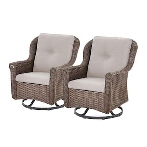 Chrysanthemum Armrest Series 2-Pack Outdoor Swivel Brown Wicker Glider Rocking Chair with CushionGuard Beige Cushions