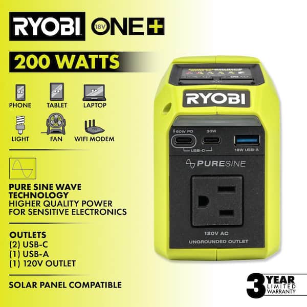 ONE+ 18V 200-Watt Portable Battery Inverter Power Source and Charger for ONE+ 18V Batteries (Tool Only)