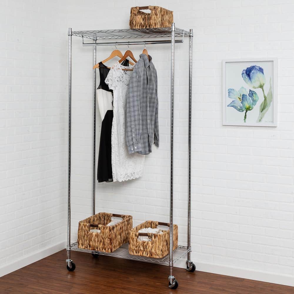 Chrome Steel Mobile Coat Rack with 2 Shelves