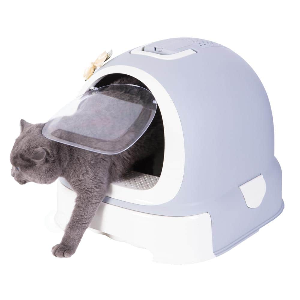 Gray and White Fully Enclosed Hooded Litter Pan with Front Entry