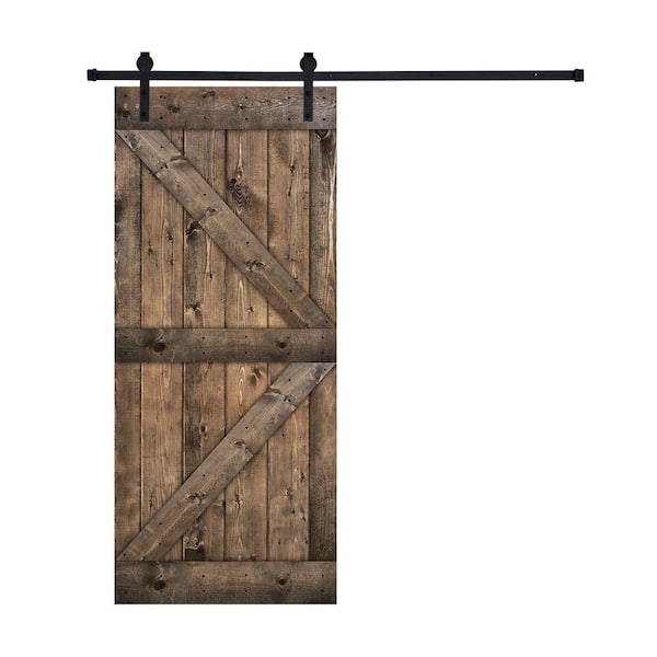 Akicon Paneled 38 in. x 84 in. 9-Panel Jacobean-K3 British K Brace Wood Sliding Door