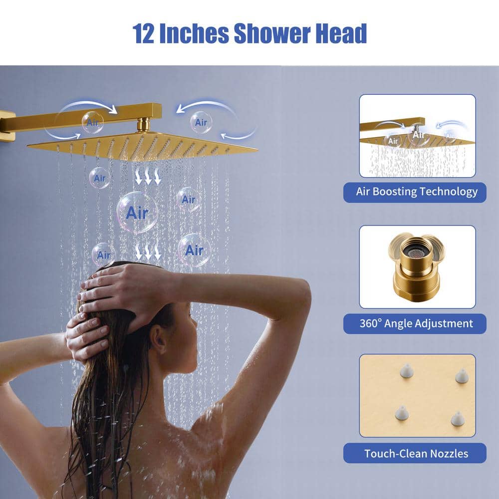 Brushed Gold Dual Square Wall Mounted Shower System with Body Jets