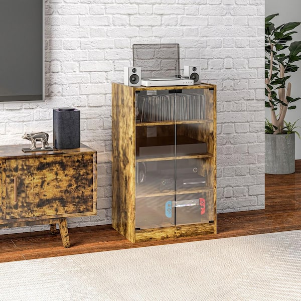 HOMCOM Media Cabinet, 4-Tier Freestanding Shelf Tower with Adjustable Shelves, Tempered Glass Doors, Rustic Brown