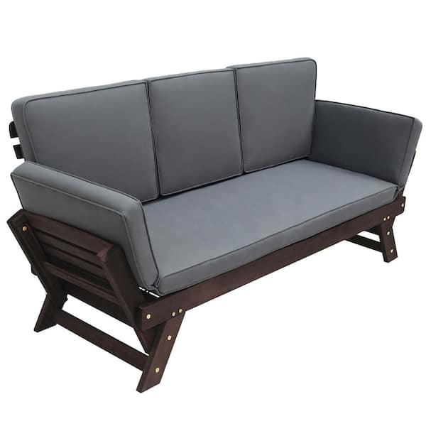 SUNRINX Brown Wood Outdoor Adjustable Day Bed Sofa Chaise Lounge with Gray Cushions