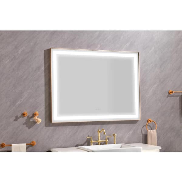 48 in. W x 36 in. H Large Rectangular Framed LED Light Anti-Fog Wall Bathroom Vanity Mirror in Gold