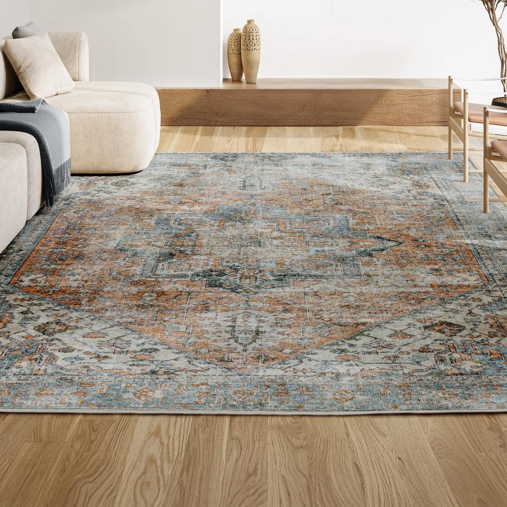 Armae Distressed Blue and Orange Chenille Washable Area Rug