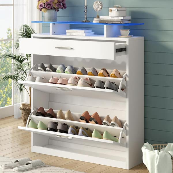 41 in. H x 35 in. White Tempered Glass Top Shoe Storage Cabinet with LED Light Entryway Organizer with 2-Flip Drawers