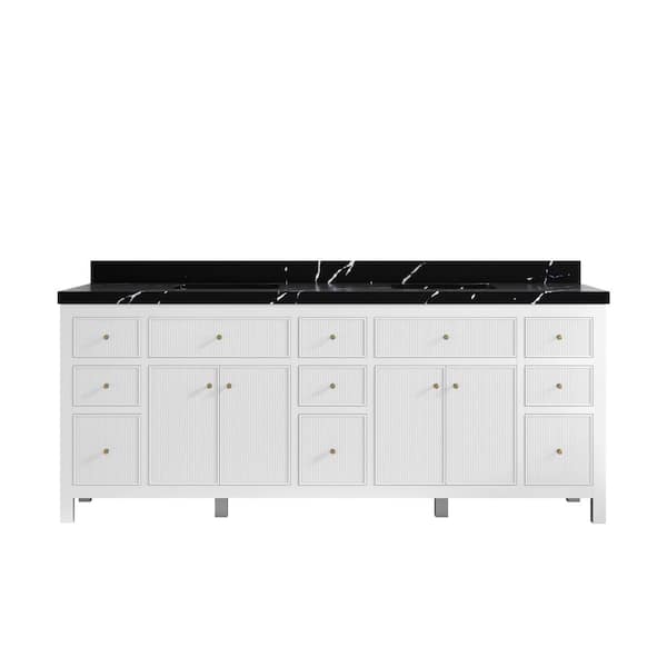 Willow Collections Sonoma 84 in. Double Sink Freestanding White Bath Vanity with Calacatta Black Qt. Top Unassembled