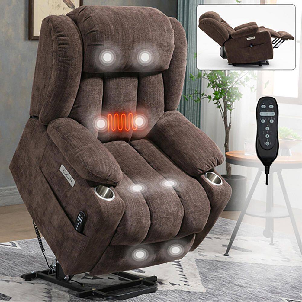 Brown Elderly Soft Chenille Fabric Power-Lift Recliner with 8-Point Vibrati