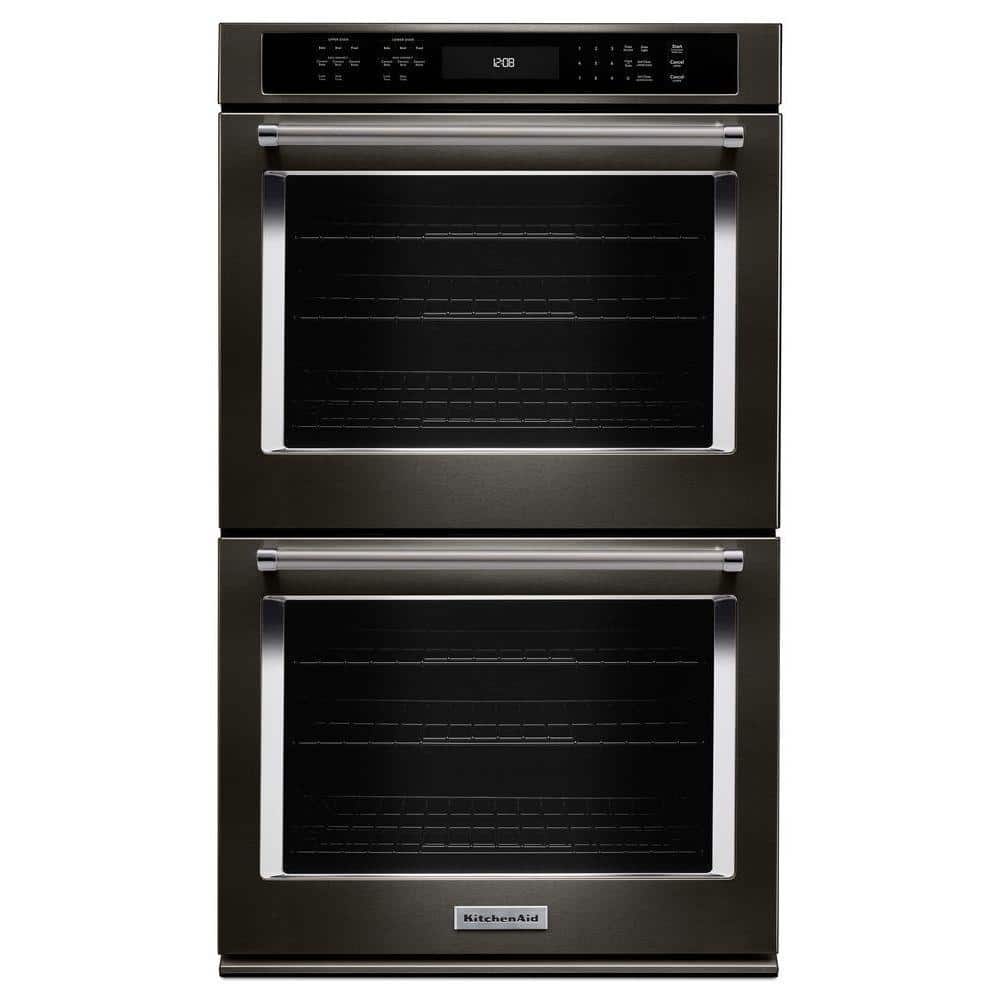 30 in. Double Electric Wall Oven Self-Cleaning with Convection in Black Stainless