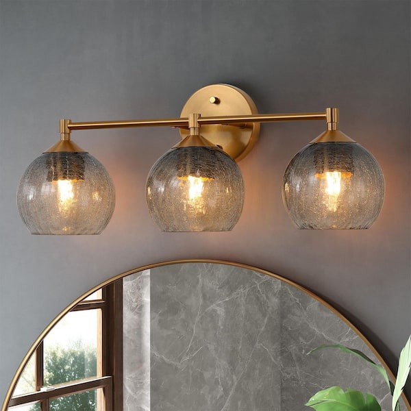 22.8 in. 3-Light Brass Gold Bathroom Vanity Light, Bathroom Light Fixtures with Gray Crackle Glass Shades Over Mirror