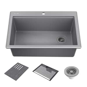 Everest Dark Grey Granite Composite 30 in. Single Bowl Drop-In Workstation Kitchen Sink with Accessories