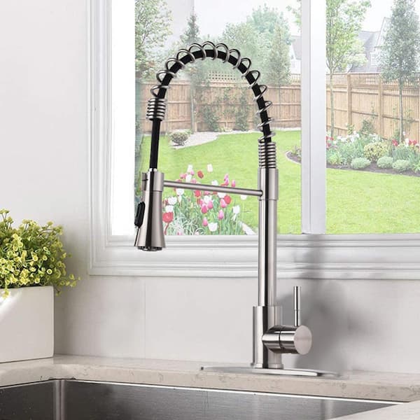 Low Lead Commercial Single-Handle Pull-Down Sprayer Kitchen Faucet with Spot Resistant in Brushed Nickel