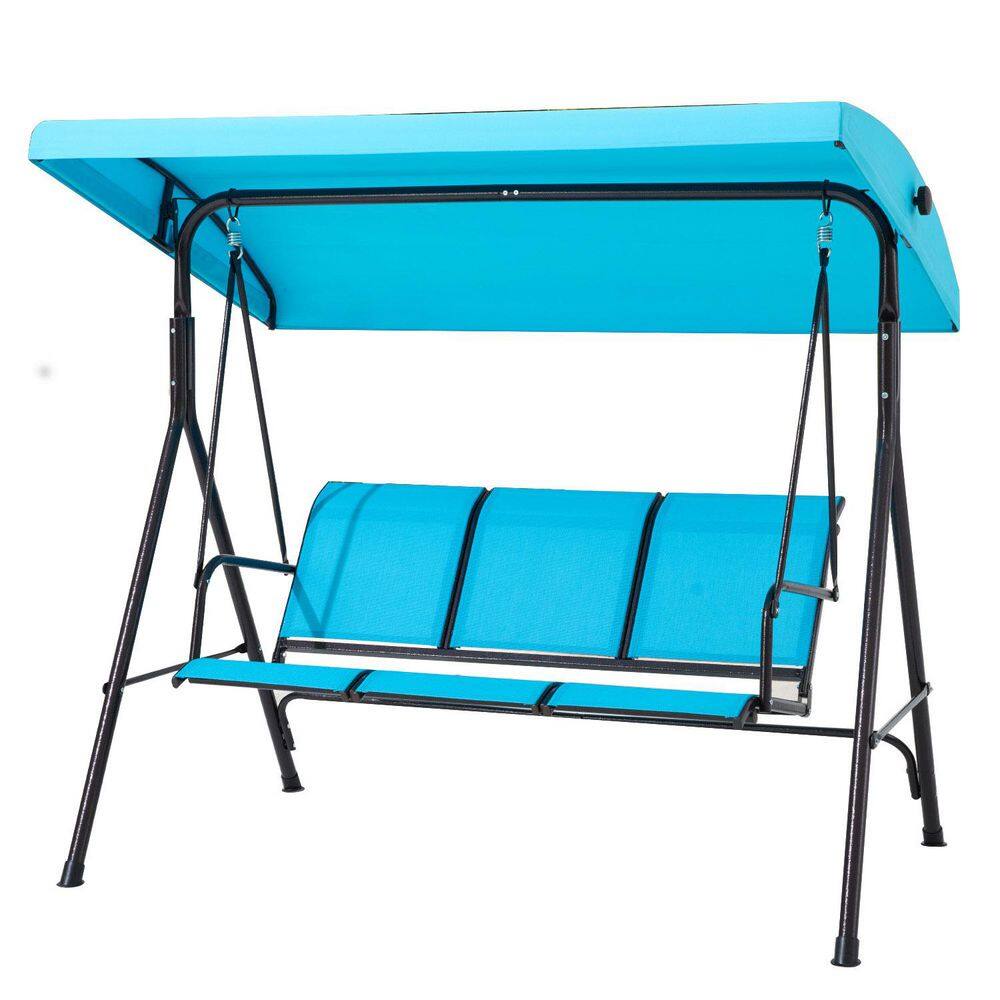 3-Seat Black Metal Outdoor Patio Swing Chair w/Textilene Backrest and 2 Cup Holders,Adjustable Canopy,Lake Blue Cushion price history on PriceWatchPro