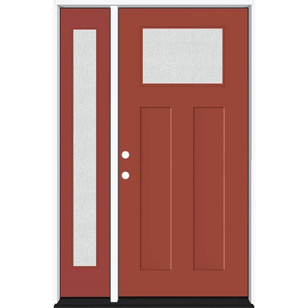 Steves & Sons Legacy 53 in. x 80 in. 1/4 Toplite Rain Glass RHIS Primed Morocco Red Finish Fiberglass Prehung Front Door w/ 14 in. SL