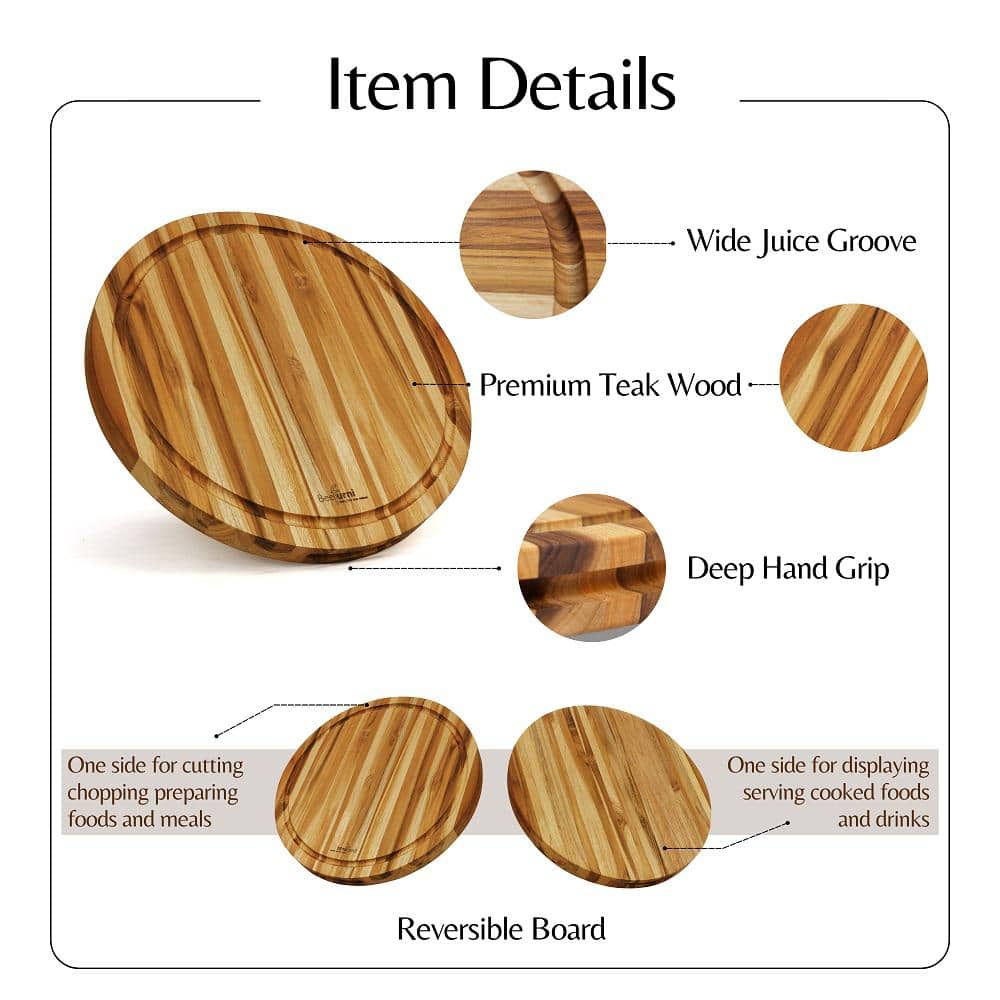 16" Round Teak Wood Reversible Cutting Board with Juice Groove