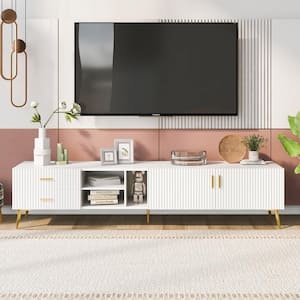 Modern White TV Stand Fits TVs up to 77 in. with Champagne Legs, Storage Shelves, Drawers and Cabinets