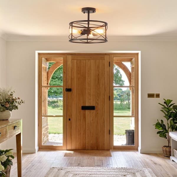 12.6 in. 3-Light Industrial Black Semi-Flush Mount Ceiling Light Fixtures with Metal Cage Shade(Bulbs Not Included)