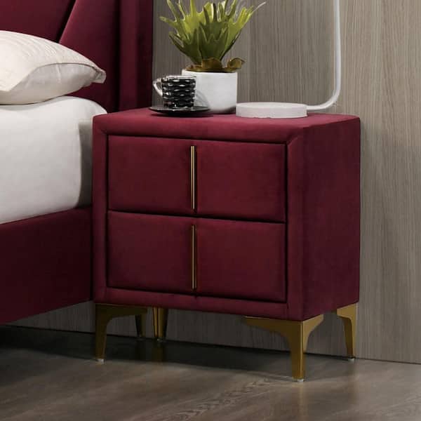 Furniture of America Cedarbrook 2-Drawer Red Art Deco Upholstered Nightstand (22.25 in. H x 20.25 in. W x 14.38 in. D) with Care Kit