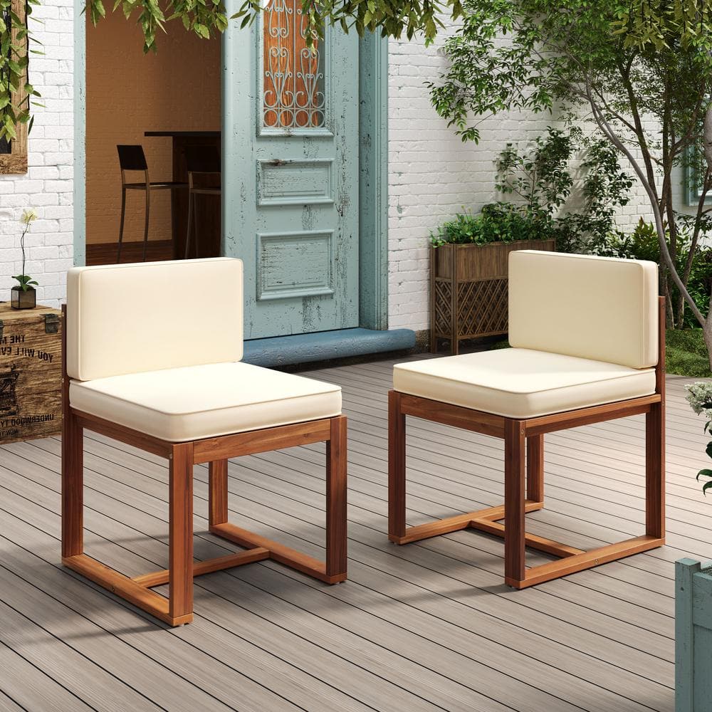 Kynora Modern Outdoor Patio Dining Chairs with Cushions, Acacia Wood, Beige Plus Teak, (Set of 2)