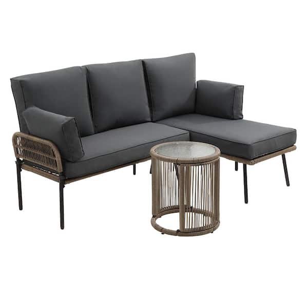 Cesicia Dark Grey Rattan Wicker Patio Outdoor Sectional Set with Dark GrayCushions Sofa Couch With Side Table Rattan