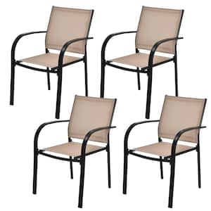 Black 4PCS Stackable Metal Outdoor Dining Chair with Armrests & Breathable Fabric in Brown