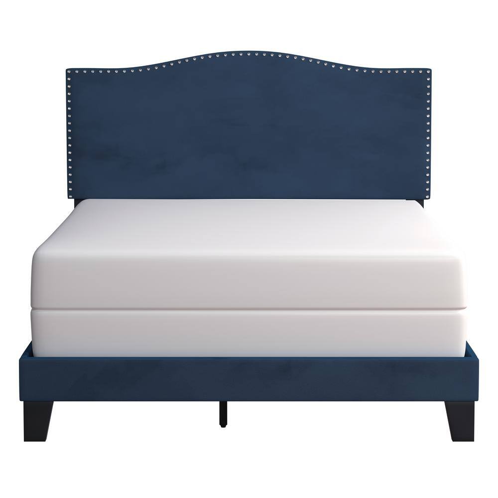 Queen Blue Velvet Upholstered Bed with Nailhead Trim