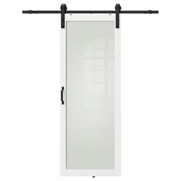 30in x 84in Full Lite, Frosted Glass, White Primed, Pre-assembled Panel, MDF Sliding Barn Door with Hardware Kit