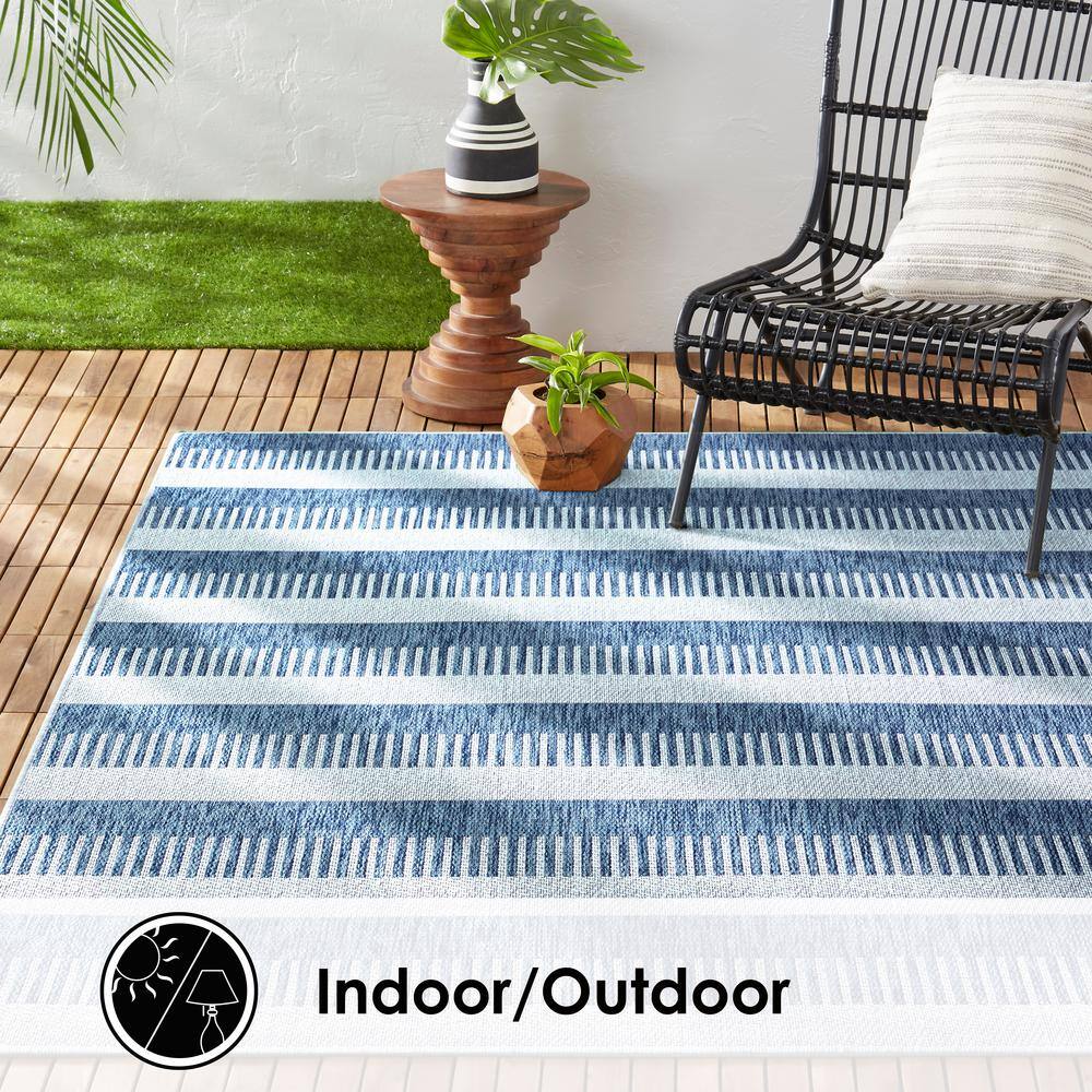 Aqua and Ivory Striped Synthetic 8' x 10' Rectangular Area Rug