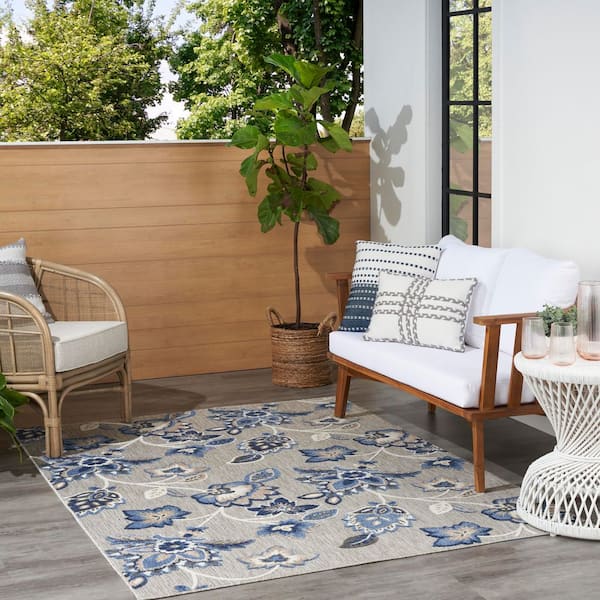 Aloha Blue/Grey 9 ft. x 12 ft. Botanical Contemporary Indoor/Outdoor Area Rug