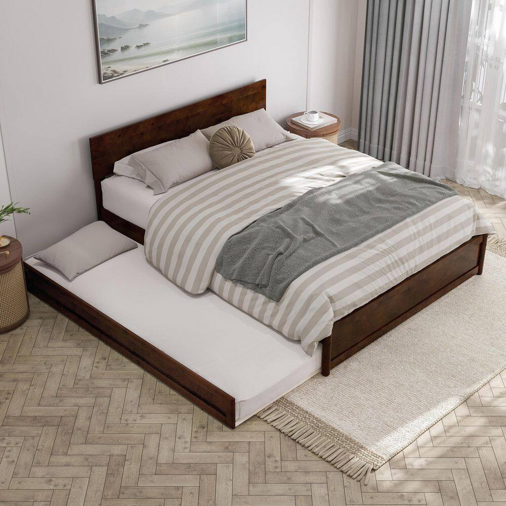 Walnut Queen Wood Platform Bed with Trundle and Headboard