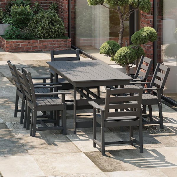 Gray 5-Piece HDPE Plastic Patio Outdoor Dining Set with 1 Umbrella Hole Cut-Out Rectangular Table and 4-HDPE Chairs