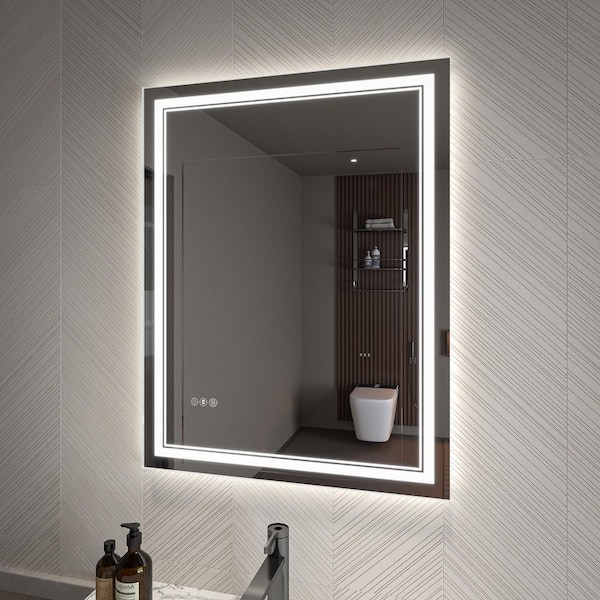 FORCLOVER 28 in. W x 36 in. H Rectangular Frameless Silver Dimmable Fog Free Wall Mount Bathroom Vanity Mirror