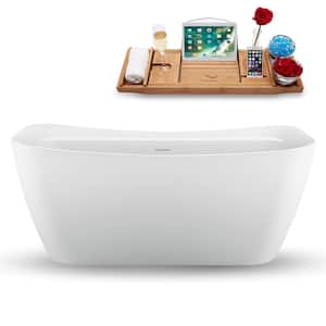 59 in. x 31 in. Acrylic Freestanding Soaking Bathtub in Glossy White with Polished Brass Drain