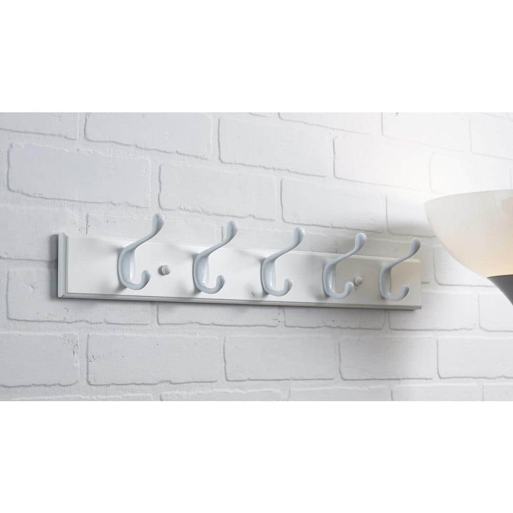 White Metal and Wood 24" Utility 5-Hook Wall Rack