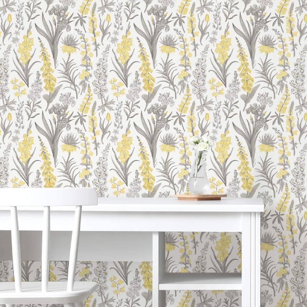 Yellow and Gray Botanical Print Peel and Stick Wallpaper Roll