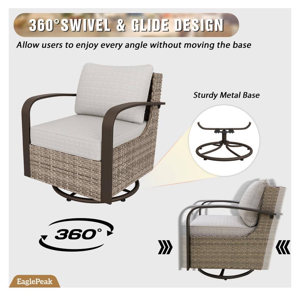 Beige and Brown Steel Wicker Swivel Rocking Chair with Cushions