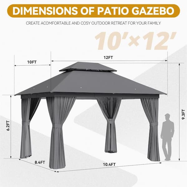 SUNMTHINK 12 ft. x 10 ft. Gray Outdoor Gazebo with Double