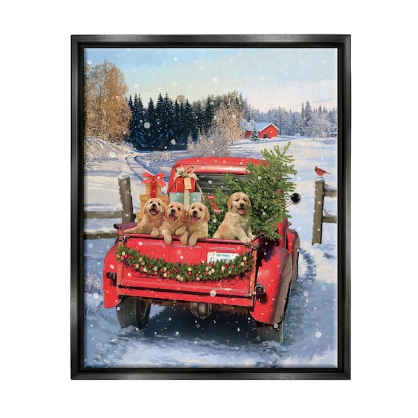 Stupell Industries Puppies in Holiday Truck by Jason Kirk 1-Piece Floater Frame Graphic Print Travel Poster Art Print 21 in. x 17 in.
