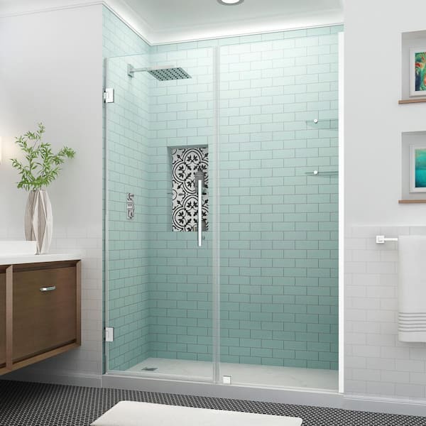 Aston Belmore GS 63.25 in. to 64.25 in. x 72 in. Frameless Hinged Shower Door with Glass Shelves in Chrome