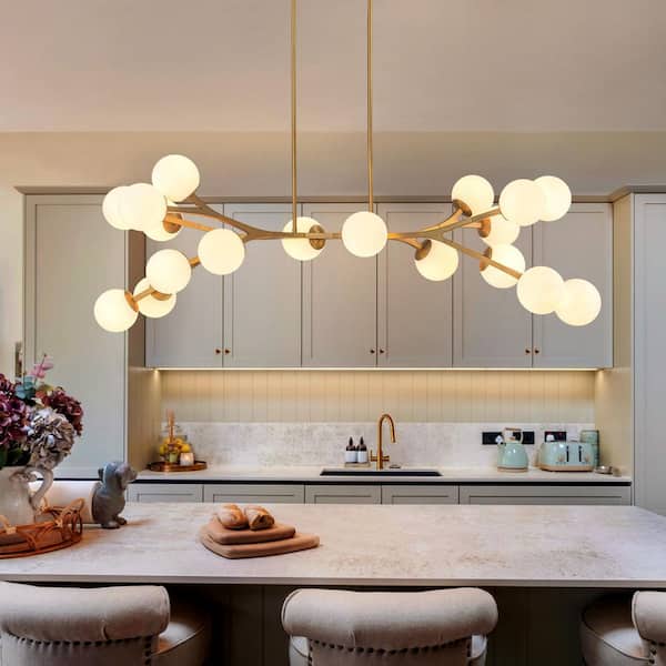 Lucie 18-Light Mid-Century Modern Brass Branch Sputnik Dining Room Chandelier with Opal Glass Shades