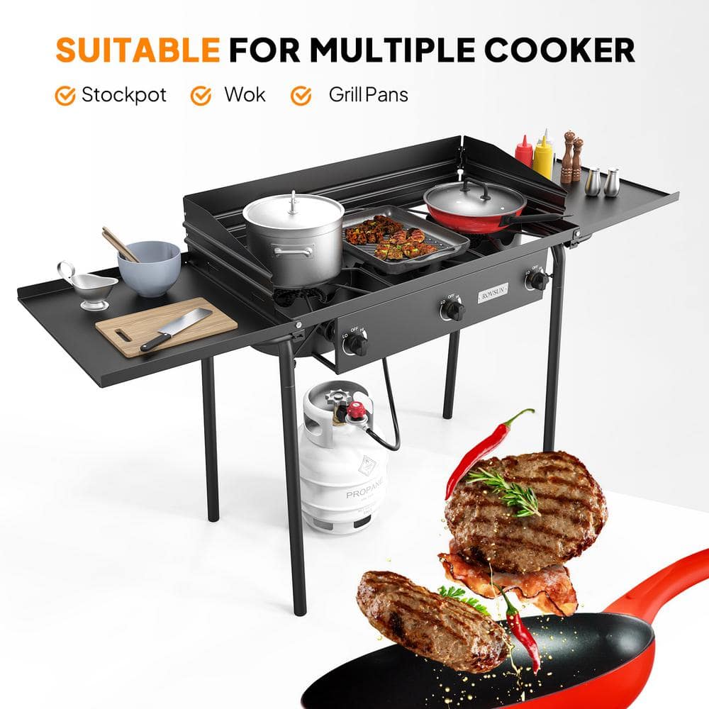 ROVSUN 3-Burner Black Cast Iron Outdoor Propane Stove with Side Shelves