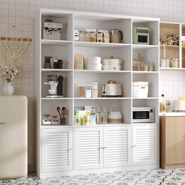 FUFU&GAGA White Wood 63 in. W Sideboard Accent Storage Cabinet Office Storage Cabinet Bookcase with 15-Sheleves and 4-Doors