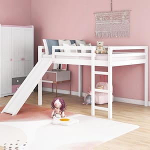 White Full Loft Bed with Slide, Multifunctional Design